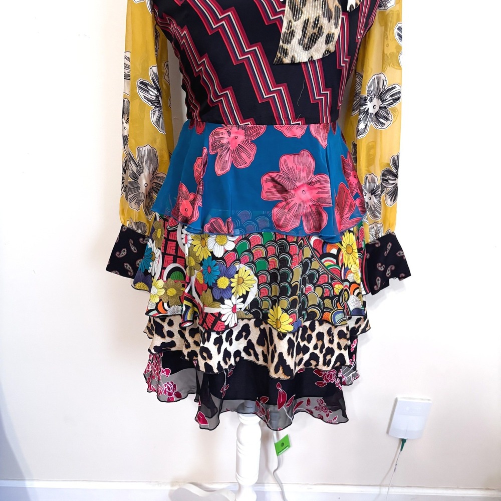 Alice + Olivia Dasha 100% Silk Patchwork Tiered Ruffle Mini Dress Size 4 Floral - Picture 3 of 15